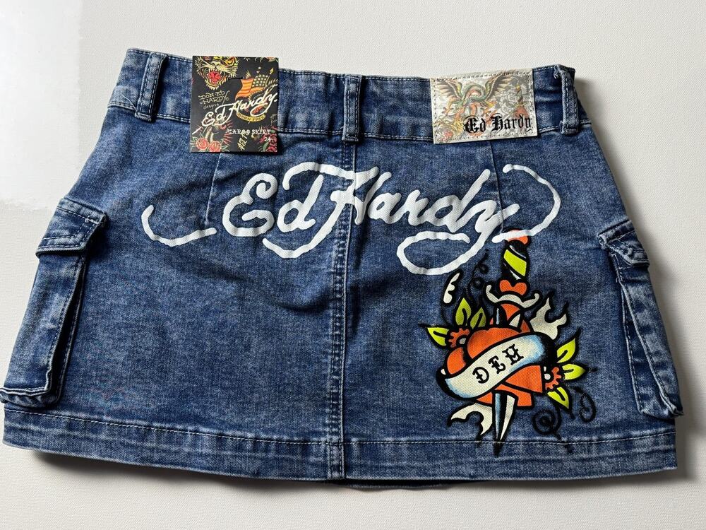 Ed Hardy Denim Cargo Mini Skirt Women's Size 24 Tattoo Print Y2K NWT Light Wash
